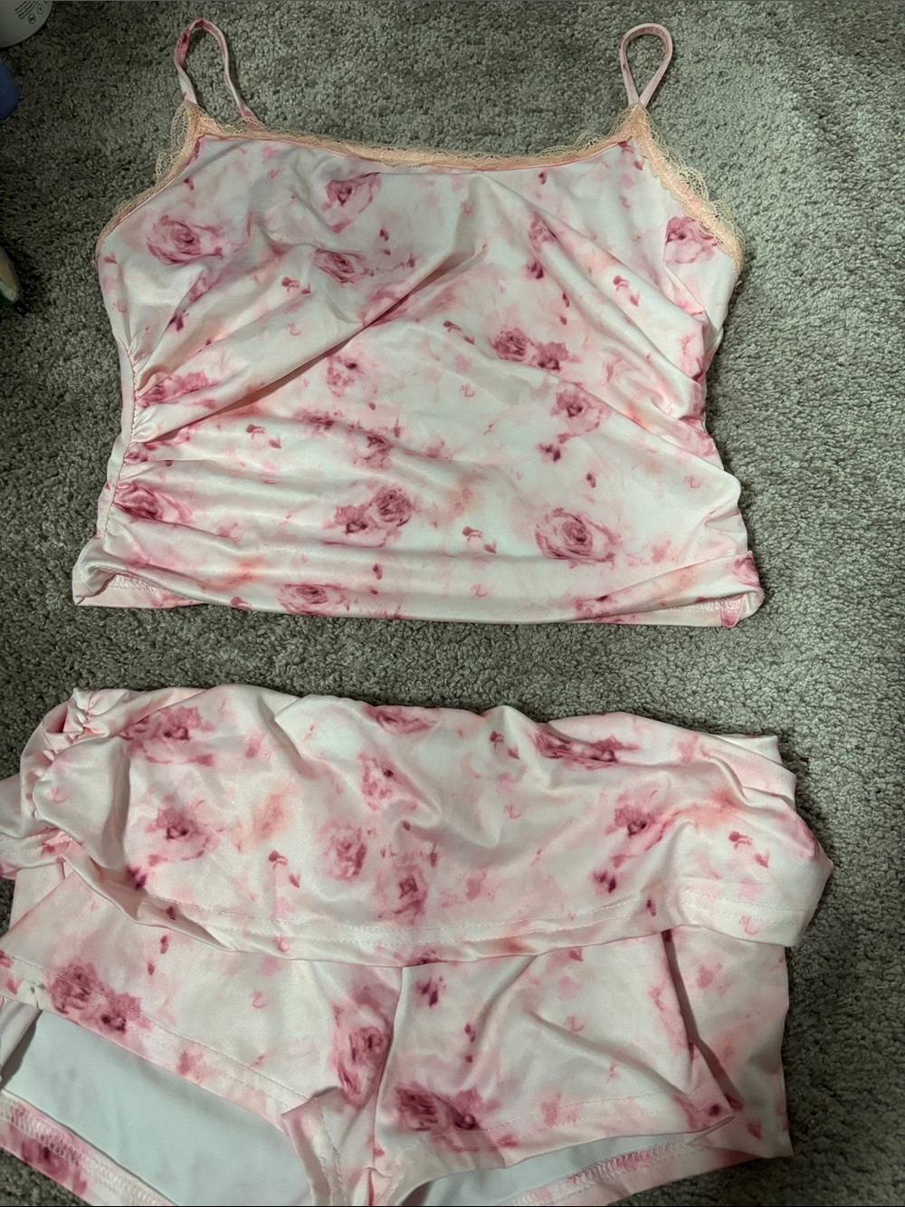 SHEIN Pink Floral Lace Trim Cami and Shorts Set